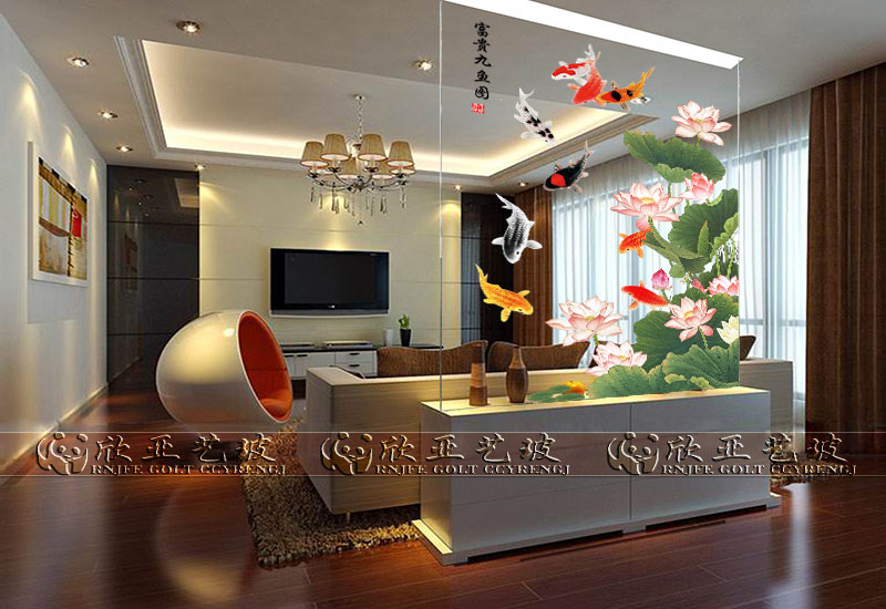 New Chinese Screen Xuanguan Living Room Cubicle Art Glass Custom Frosted Transparent Bathroom Home Decoration Lotus Flower Fish