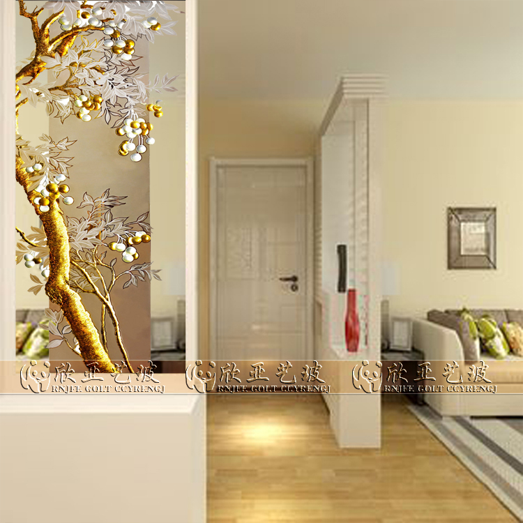 Painted Art Glass Entrance to the family Living Room Kitchen Screen Steel Frosted Frosted Gold Leaf Sculptures Flowers and Flowers
