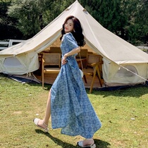 Temperament waist thin French retro dress ankle female Summer Super fairy split chiffon flower doll collar dress