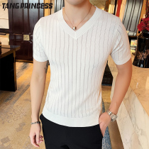 Summer mens knitted short-sleeved V-neck Korean thin slim slim hollow ice sweater half-sleeved T-shirt sweater men