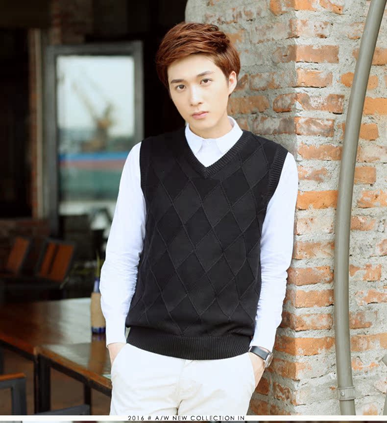 Vest nam không tay vest mùa thu và mùa đông nam đan áo len vest thanh niên Slim V-cổ kim cương vest vai vest vest áo vest khoác nam