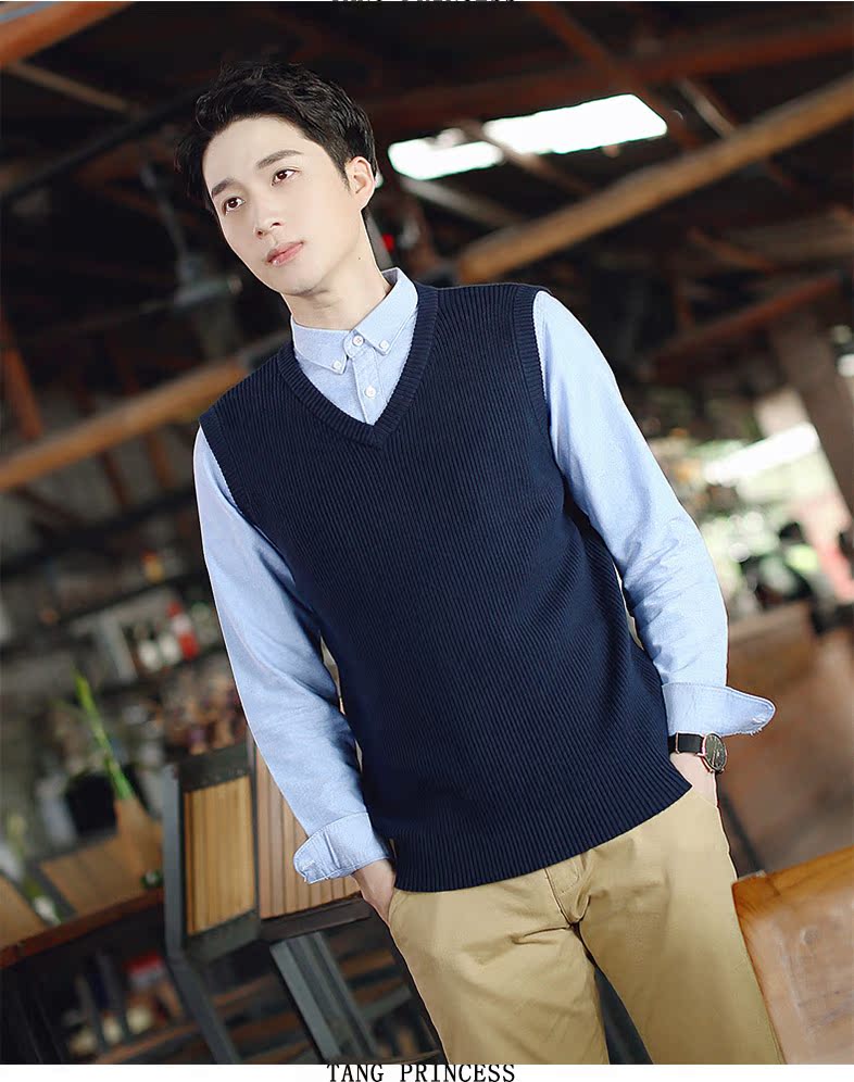 Áo len vai nam vest mùa thu không tay áo len vest màu rắn lỏng đầu v-cổ dệt kim cotton vest nam áo vest nam hàn quốc trẻ trung