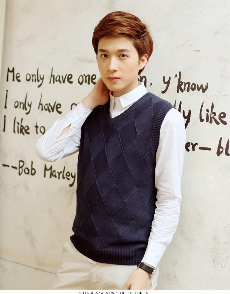 Vest nam không tay vest mùa thu và mùa đông nam đan áo len vest thanh niên Slim V-cổ kim cương vest vai vest vest áo vest khoác nam