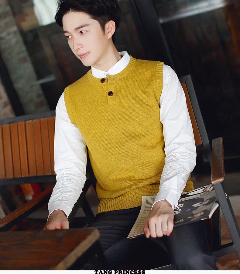 Mùa xuân và mùa thu áo len dệt kim nam Phiên bản Hàn Quốc của áo không tay nam vest vest cổ tròn nút áo len cotton vest công sở nam