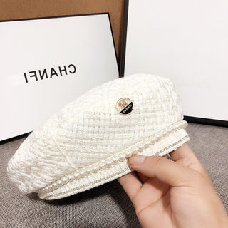 Hong Kong Bng Small Chanel-Style Retro 2025 New White Beret Pearl Flat-Top Painter Hat for Women Autumn and Winter