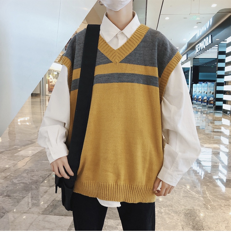 Dongdaemun Hàn Quốc với cổ v màu đại học phù hợp với áo vest không tay hoang dã áo len áo khoác nam giả vest