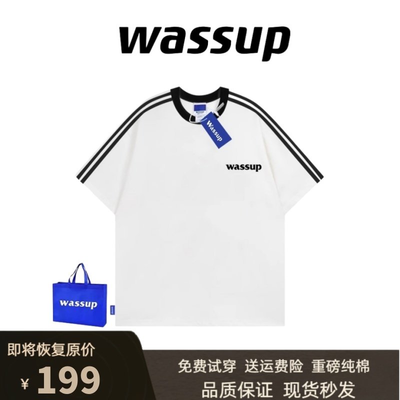Мужская и женская футболка из плотного хлопка ins от бренда WASSUP tide с тремя полосками и короткими рукавами, трендовая студенческая повседневная свободная футболка для пары