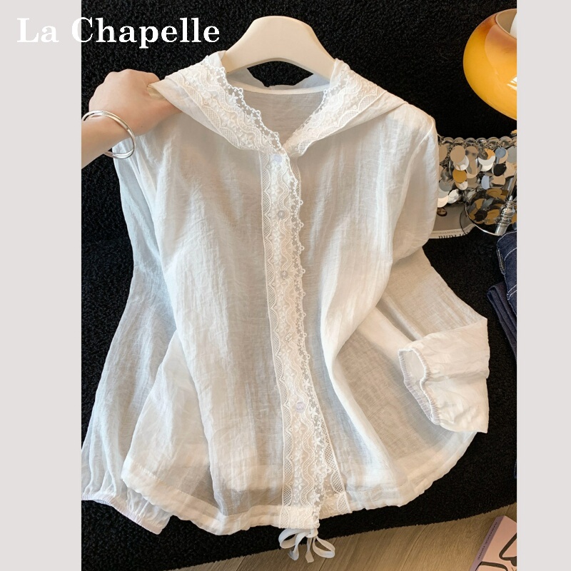 La Chapelle Stylish and Youthful Hooded Sun-Protective Shirt for Women, Summer Lightweight Breathable Lace Trim Blouse