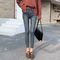 Plus Thin Suede Jeans Woman Autumn Winter New Retro Grinding high waist conspicuble small foot elastic tight with small foot long pants