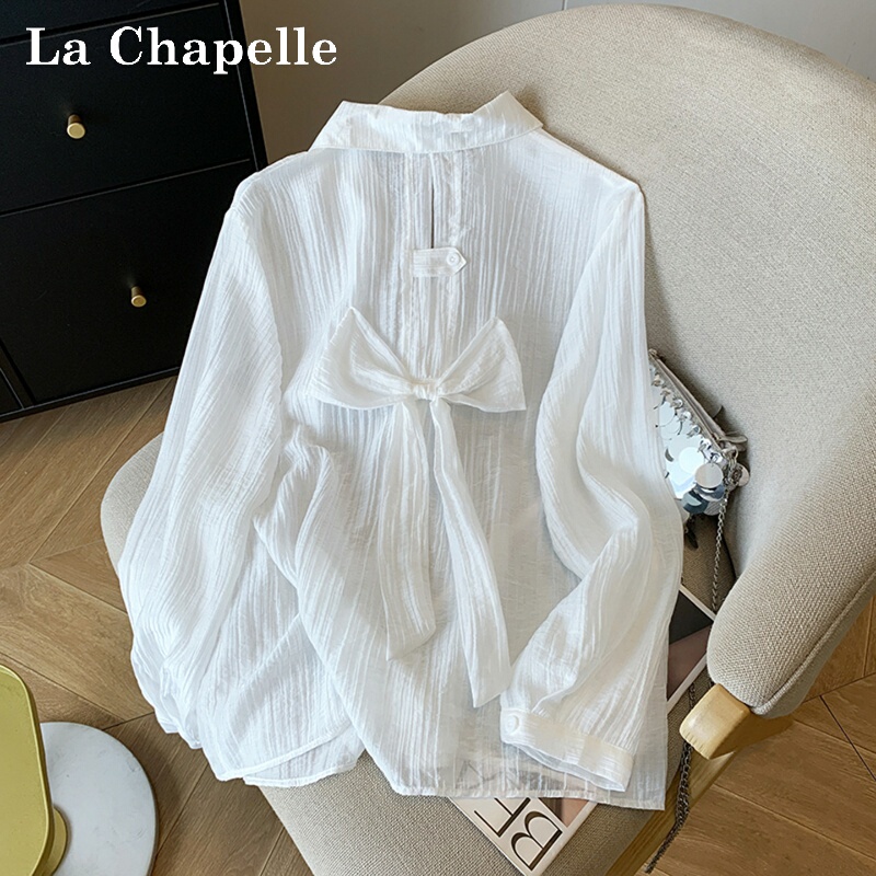 La Chapelle Women's Long-Sleeve Shirt with Cutout Back and Bow, Loose Fit, Versatile, Pure Desire Style, Backless, Thin, Sun-Protective Shirt