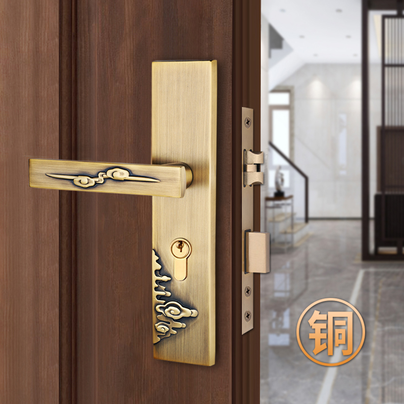 Pure copper New Chinese door lock full copper double door imitation ancient entrance door and mother door lock indoor room magnetic attraction solid wood door lock