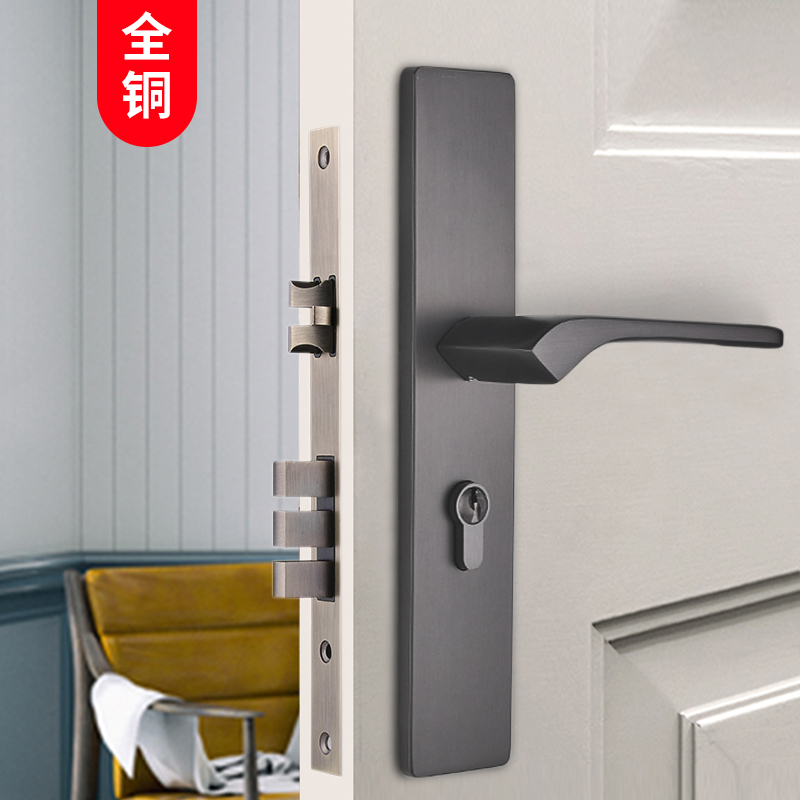 Total copper New Chinese double door lock indoor bedroom mute room door handle pure copper solid wood modern universal door lock
