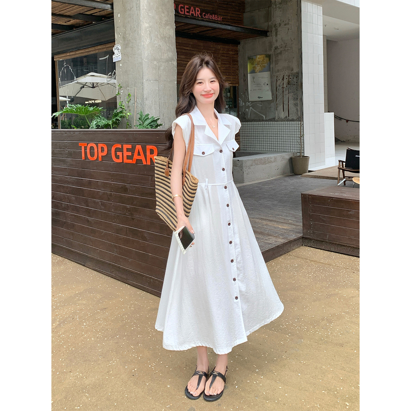 White Elegant and Sophisticated Dress for Women, 2026 Summer New Style, Petite Waist-Cinching Sleeveless Shirt Dress White Elegant and Sophisticated Dress for Women, 2026 Summer New Style, Petite Waist-Cinching Sleeveless Shirt Dress