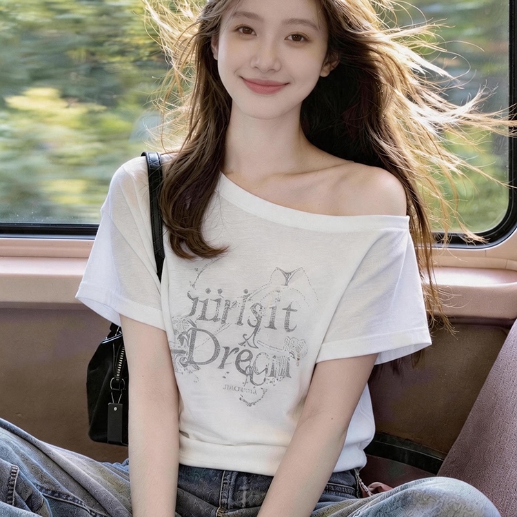 Trendy Versatile Off-Shoulder Short-Sleeve T-Shirt for Women, 2026 Summer Design, Slim Fit, Asymmetrical Shoulder, Short Top
