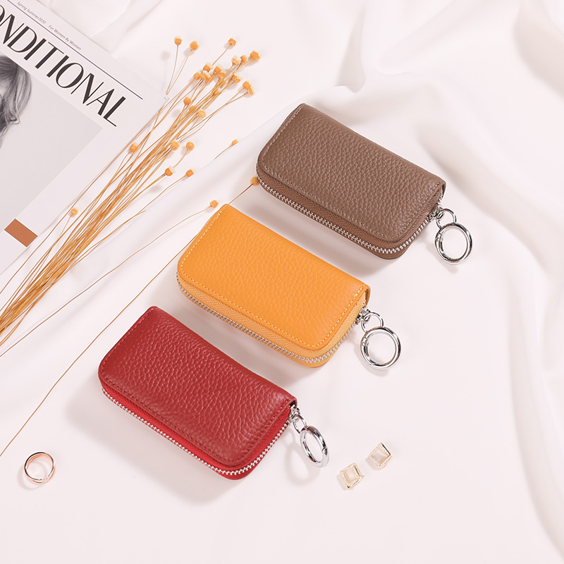 Leather key case simple mini with card slot 2 in 1 compact unisex car zipper key case