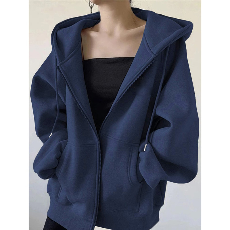 Big Brand Counter Navy Blue Pure Cotton Sweatshirt for Women, Autumn and Winter, Fleece-Lined, Thickened, Loose-Fitting Cardigan, Hooded Baseball Jacket