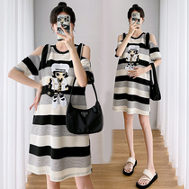 Pregnant woman summer clothing cartoon striped dress dress skirt Summer thin Korean version Large code embroidered blouse with short sleeve damp