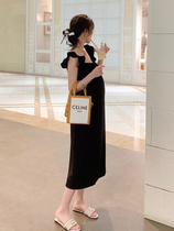 Pregnant Woman Summer Dress Braces dress Dress Skirt Summer Thin style Fashion Black Fly Cuff Big Code Long Dress Superior Tidal