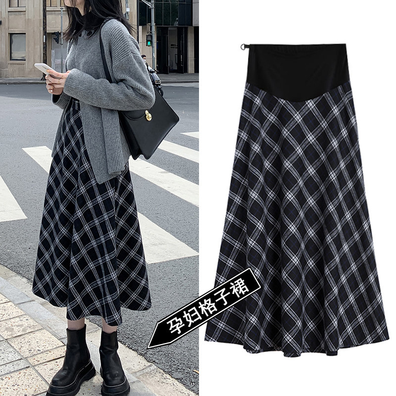 Maternity autumn plaid skirt spring and autumn autumn winter loose A-line skirt belly skirt hip mom fashion medium long model