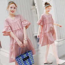 Pregnant Woman Summer Clothing Short Sleeve Cake Dress Dress Dress Dress Skirt Summer Thin Korean version small sub loose with big code ocean wave
