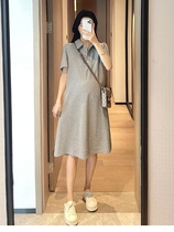 Pregnant woman summer clothes Polo collar short sleeves dress skirt Summer thin Korean version loose with large code foreign air medium long tide