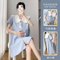 Pregnant Woman Summer Dress Checkered Doll Collar Dress Skirt Dresses Summer Thin sweet and beautiful shirt small Fashion Minus Age Tide
