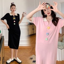 Pregnant Woman Summer Clothes Polo Collar Dress Skirt Dresses Summer Thin Knitwear Flowers Fashion Blouse Big Code Display Slim Long Dress