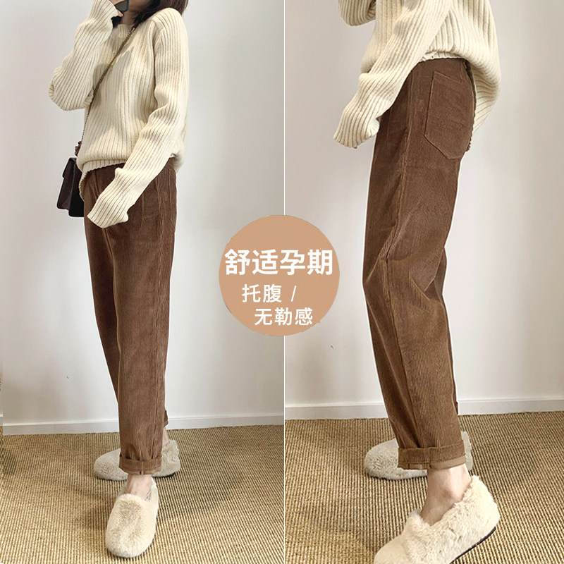 Maternity winter corduroy wide-leg pants pants women's leggings autumn and winter wearing plus plush thick straight pants long pants