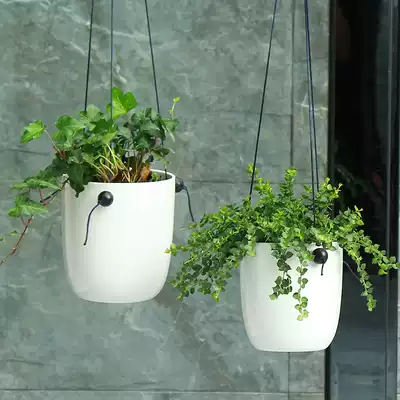 简约个性陶瓷吊盆花盆带木珠子耐力布绳创意diy挂墙悬垂花盆陶瓷