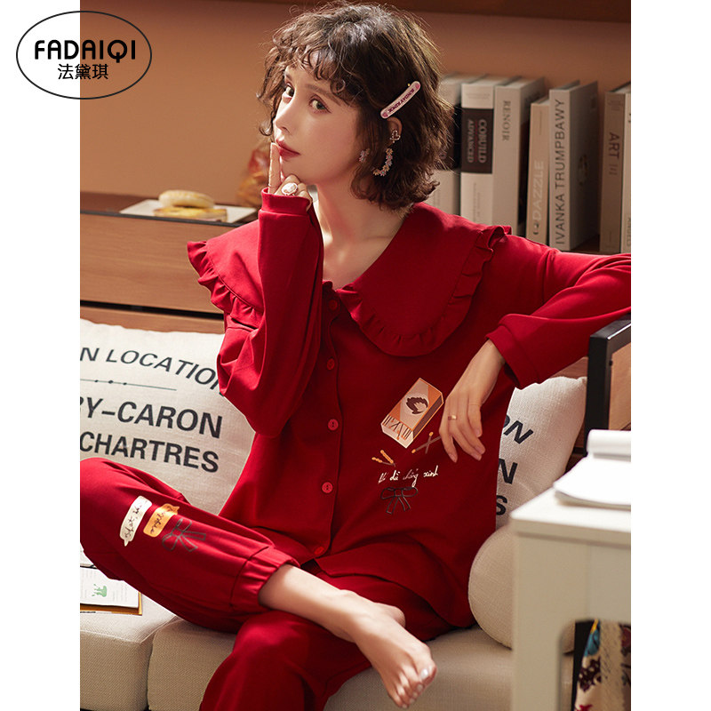 Bride Red Pyjamas Woman Pure Cotton Ben Life Tiger Thin Spring Autumn Doll Collar Wedding Suit Newlyweds Suits Winter