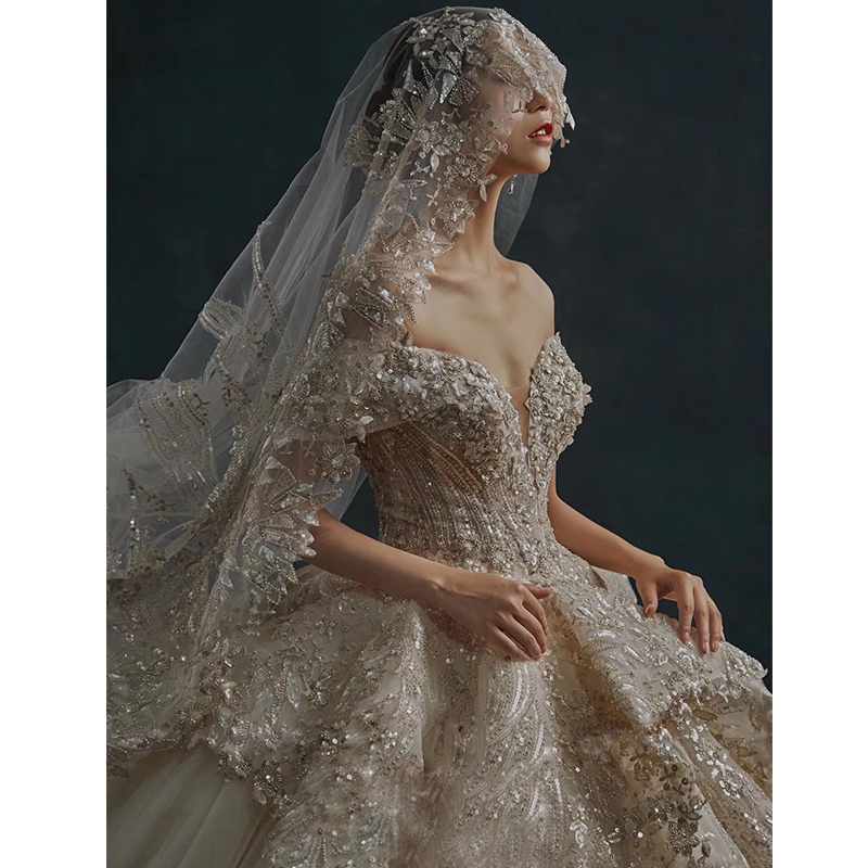 Main wedding dress 2021 new big drag exhaust gas bride heavy industry 2020 starry sky French light summer one shoulder