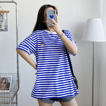 Postpartum lactation coat out striped cotton summer wear short sleeve T-shirt mom wear feeding period summer