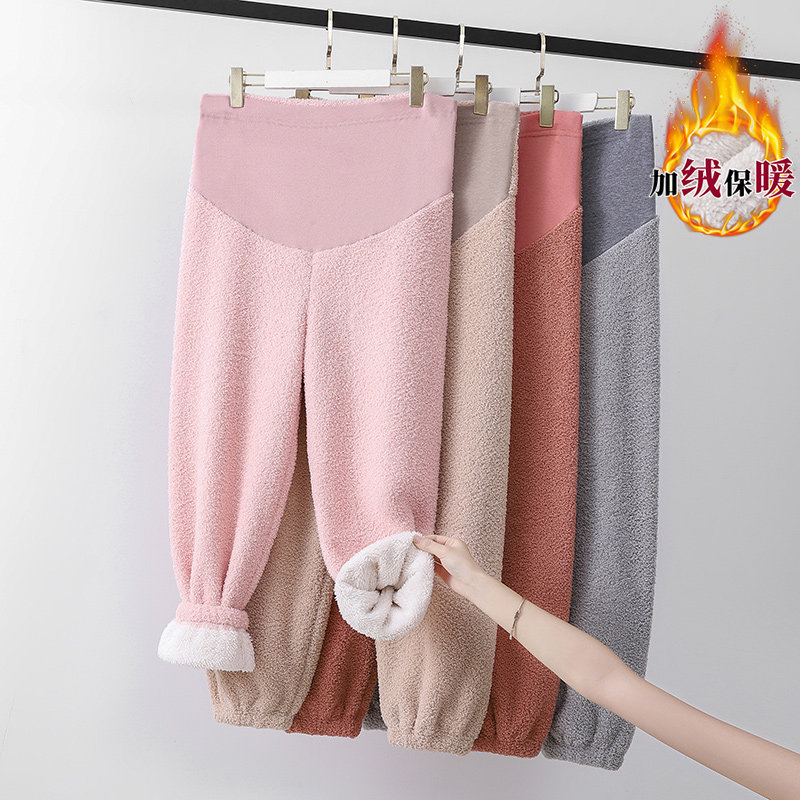 Pregnant women's pants coral fleece autumn and winter cloud fleece extra thick pregnant women's home clothes plus fat plus 200 catties fat mommy outside wear