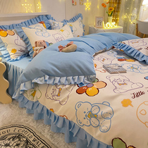 Spring Autumn Cartoon Small Bear Four Pieces Full Cotton Side Quilt Cover Bed Hood Teenage Girl Hearts Princess Wind Bed Linen Bed Dress Pure Cotton