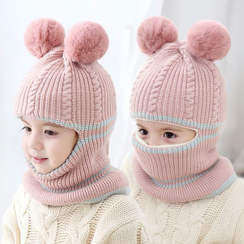 Children's hat autumn winter 2-5 years old windproof face protection one piece of wool cord warm bib neck child baby boy girl hat