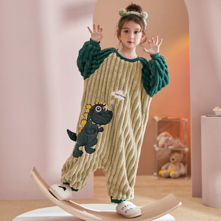 Children's pajamas girls 2025 new autumn and winter baby sleeping bags dinosaur plus velvet thick coral velvet boys home clothes