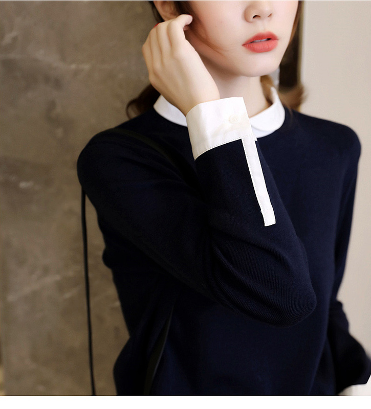 Um Elegant and Age-Reducing Style, Different Materials Spliced Together, Peter Pan Collar, Slightly Loose Wool Knit Sweater for Women, Autumn Pullover Top