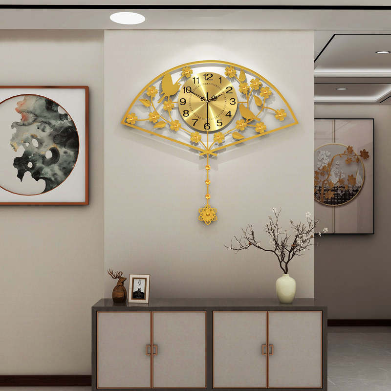 Chinese wall clock Living room Chinese style new Chinese style fan-shaped modern simple watch clock Household creative clock decoration Quartz clock