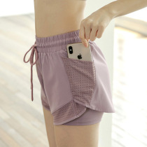 Sports shorts womens loose pocket summer quick-drying fitness pants fake two anti-light high waist yoga pants