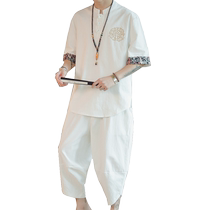 Summer Chinese style linen suit mens buckle Hanfu retro trend brand ancient costume youth cotton and linen Tang suit T-shirt