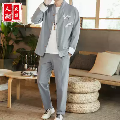 Autumn Chinese style cotton linen suit men's Hanfu casual loose retro tide brand crane embroidery Tang suit young men's youth