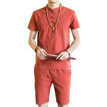 Summer Chinese style mens linen suit mens Hanfu retro trend brand ancient costume large size short-sleeved Tang suit T-shirt