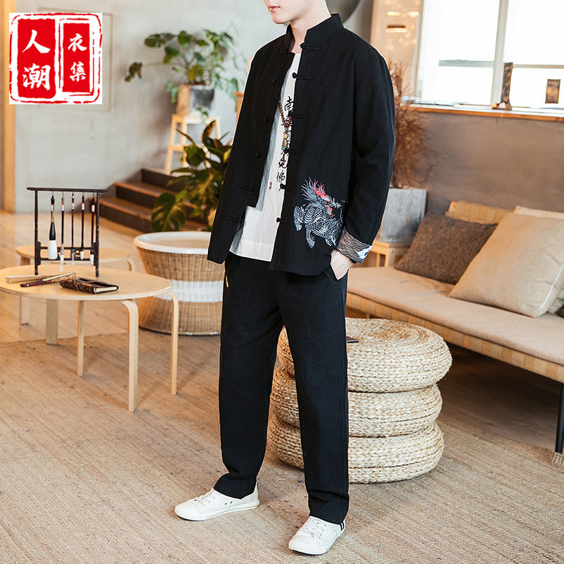 Autumn new Chinese style linen suit men's Han suit casual loose retro fashion brand embroidery young men's Tang suit