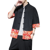 Summer linen shirt mens short-sleeved Chinese style embroidered Hanfu Hanfu ancient style fairy style disc buckle retro Tang suit T-shirt