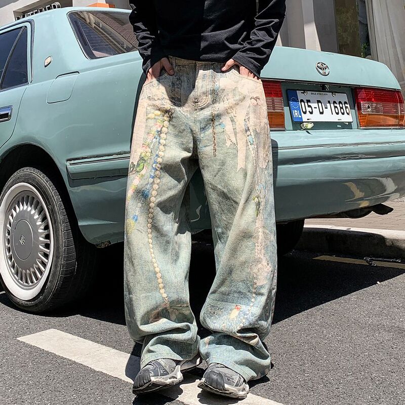 Muge American-Style Printed Chain Jeans for Men and Women, Trendy Brand, Loose Straight-Leg Vintage Washed Jeans