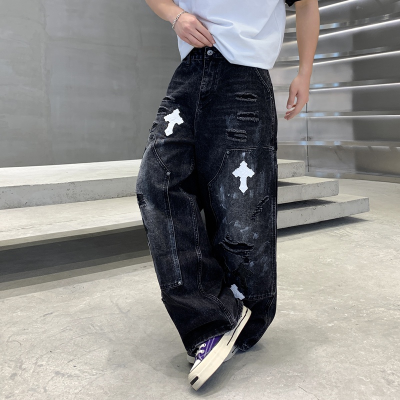 Muge 2026 New Trendy Brand Loose Straight Black Washed Fake Ripped Jeans