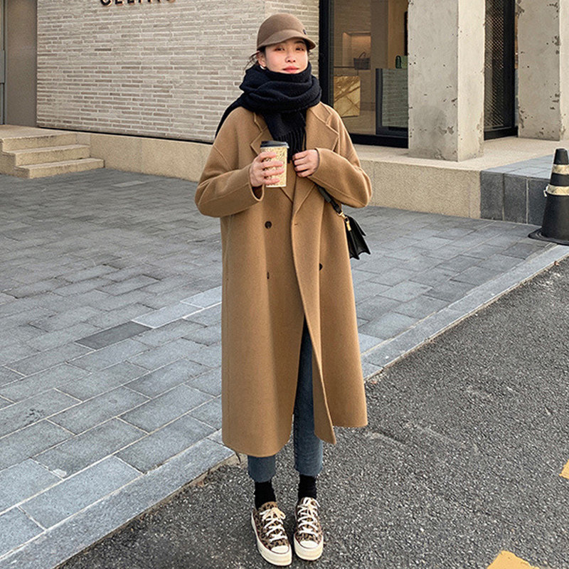Camel woolen coat women's long version 2021 autumn and winter New Advanced sense temperament thickened small woolen coat