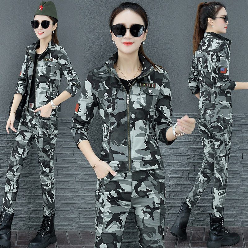 Spring and Autumn New Women's Dress Up Sailor Dance Clothing Casual Three-piece Suit Gray Camouflage Jacket Trousers Camouflage Suit