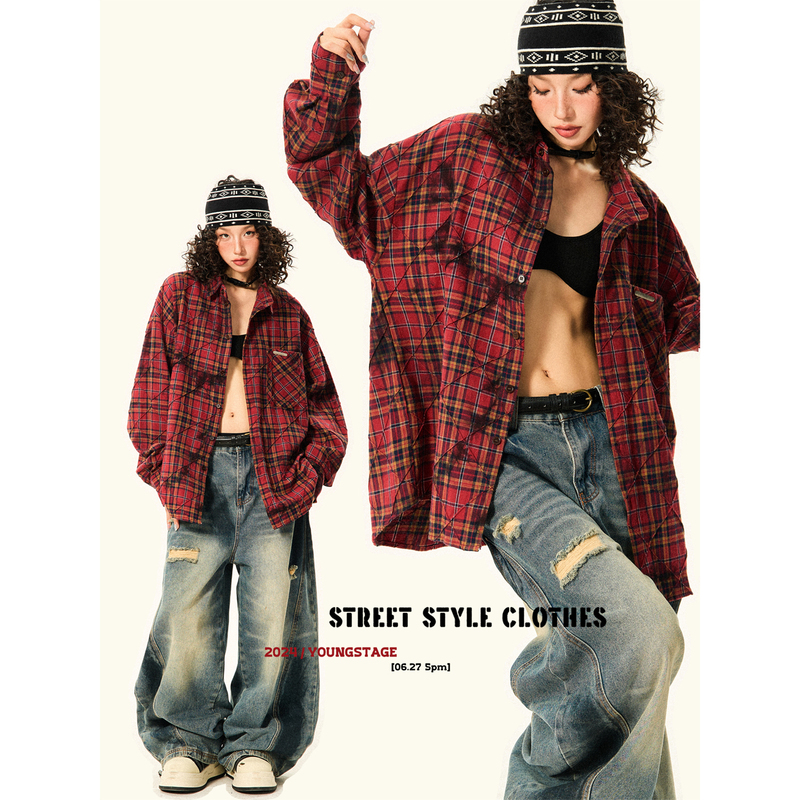 Young Stage American Retro Red Plaid Shirt for Women, Early Autumn New Design, Loose Long-Sleeved Shirt Young Stage American Retro Red Plaid Shirt for Women, Early Autumn New Design, Loose Long-Sleeved Shirt