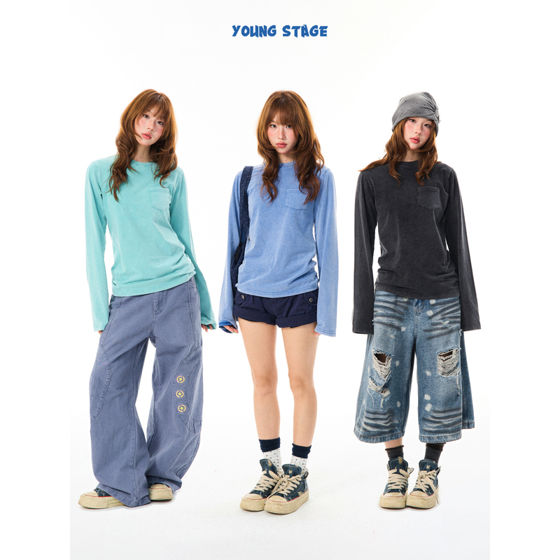 Young Stage Retro Washed and Distressed Lazy Long-Sleeved T-Shirt for Women, Early Autumn Simple Casual Inner Layering Shirt Trendy